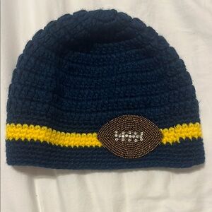 Blue and Yellow Crotchet Beanie with Football Patch
